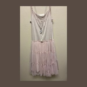 Spaghetti strap tan dress with tulle bottom